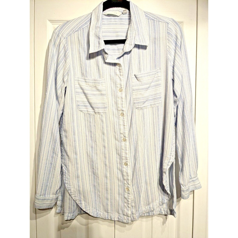 ATHLETA Womens Sz M Blue Stripe Button Pocket Curved Hem Viscose Roll Tab Sleeve - Picture 2 of 16